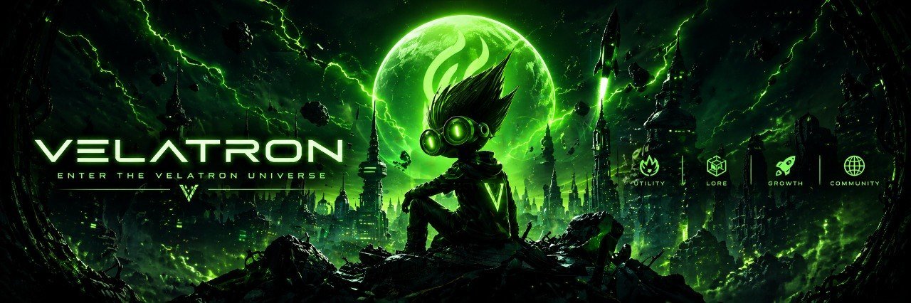 Velatron silhouette overlooking the neon citadel — Enter the Velatron Universe