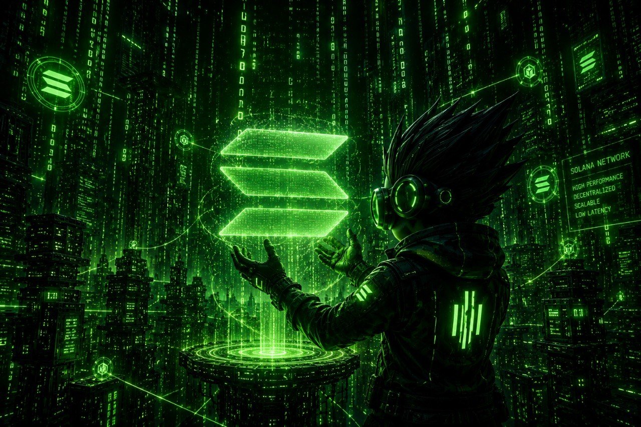 Velatron forging a Solana sigil amid the matrix code rain